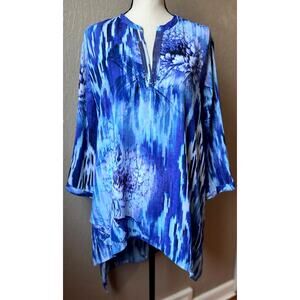Chico's Women's Asymmetrical Overlay Tunic Top Floral Blue Sequins Size 3/XL/16